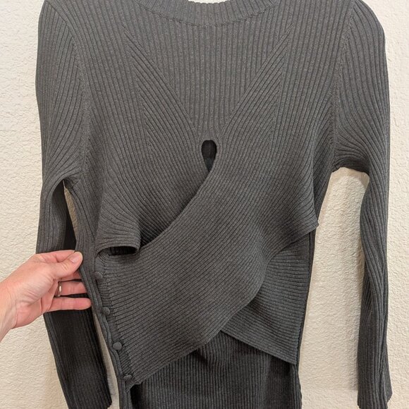 Astr the Label Long Sleeve Sweater Dress Grey Ribbed Midi Bodycon XL  Cutouts - Picture 2 of 12